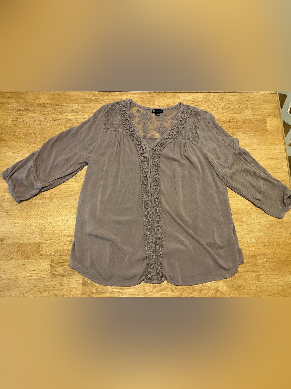 new directions Lace Yoke Boho Peasant Blouse Brown L GUC - Picture 2 of 6